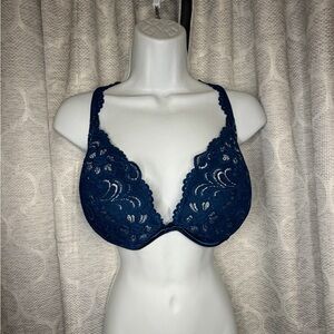 Cacique Blue Lace Bra 40DD Underwire Metallic Floral Mesh Lined